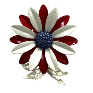 Vintage flower power enamel brooch patriotic red white & blue 60's mod jewelry